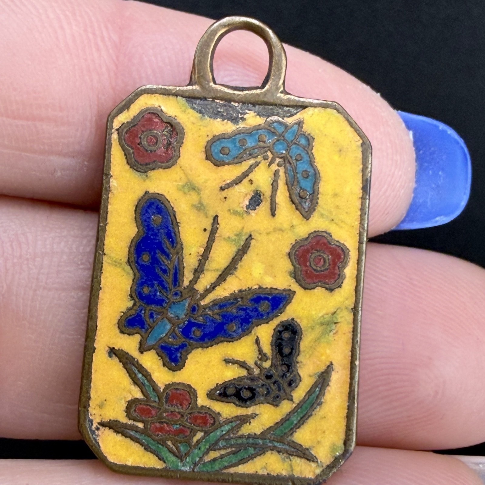 Vintage Chinese Export Cloissone Pendant Gold Tone Yellow Enamel Butterly Flower